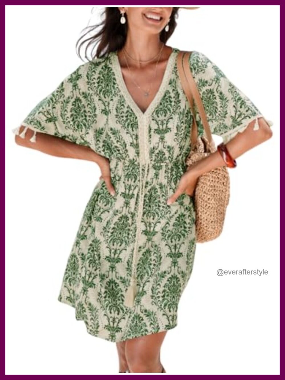 V-Neck Tassel Trim Short Sleeve Mini Dress 100% Rayon Casual